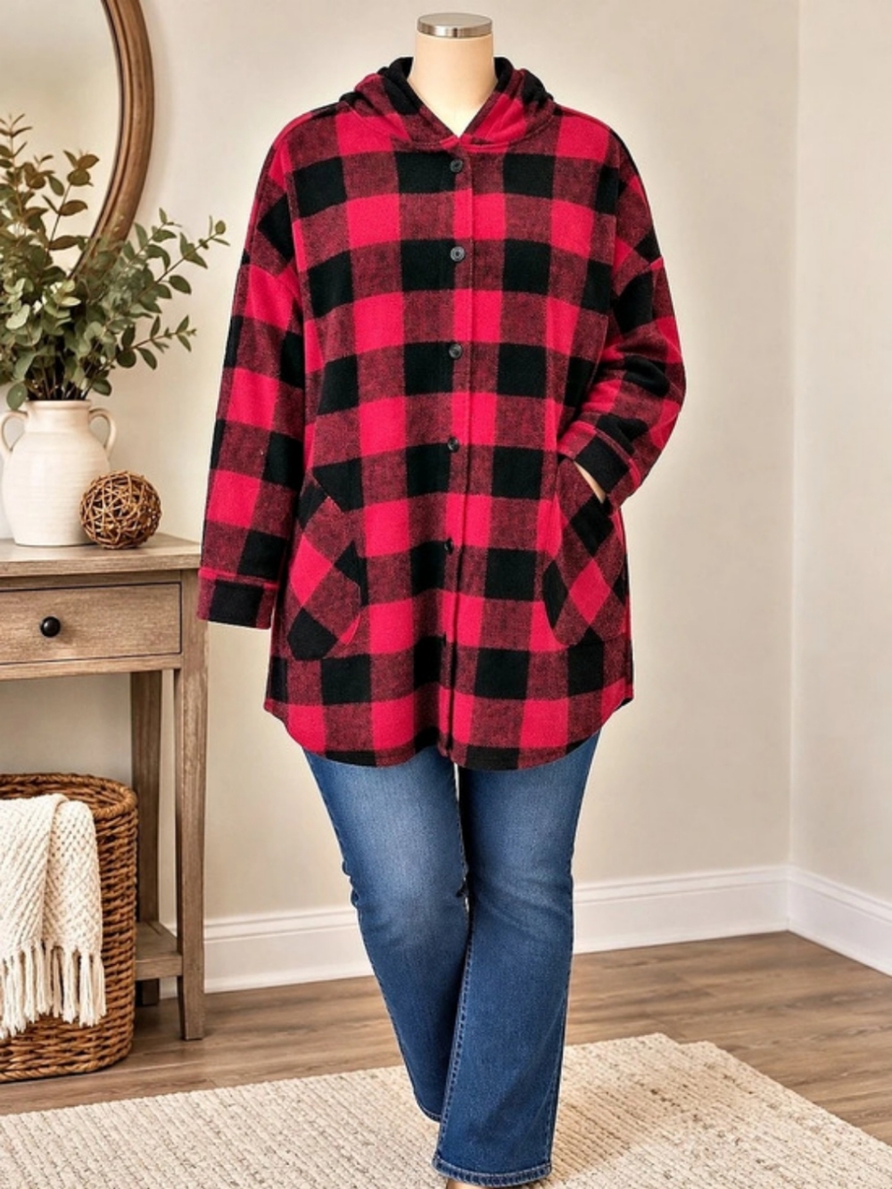 Women's Red & Black Checkered Button Down Shacket